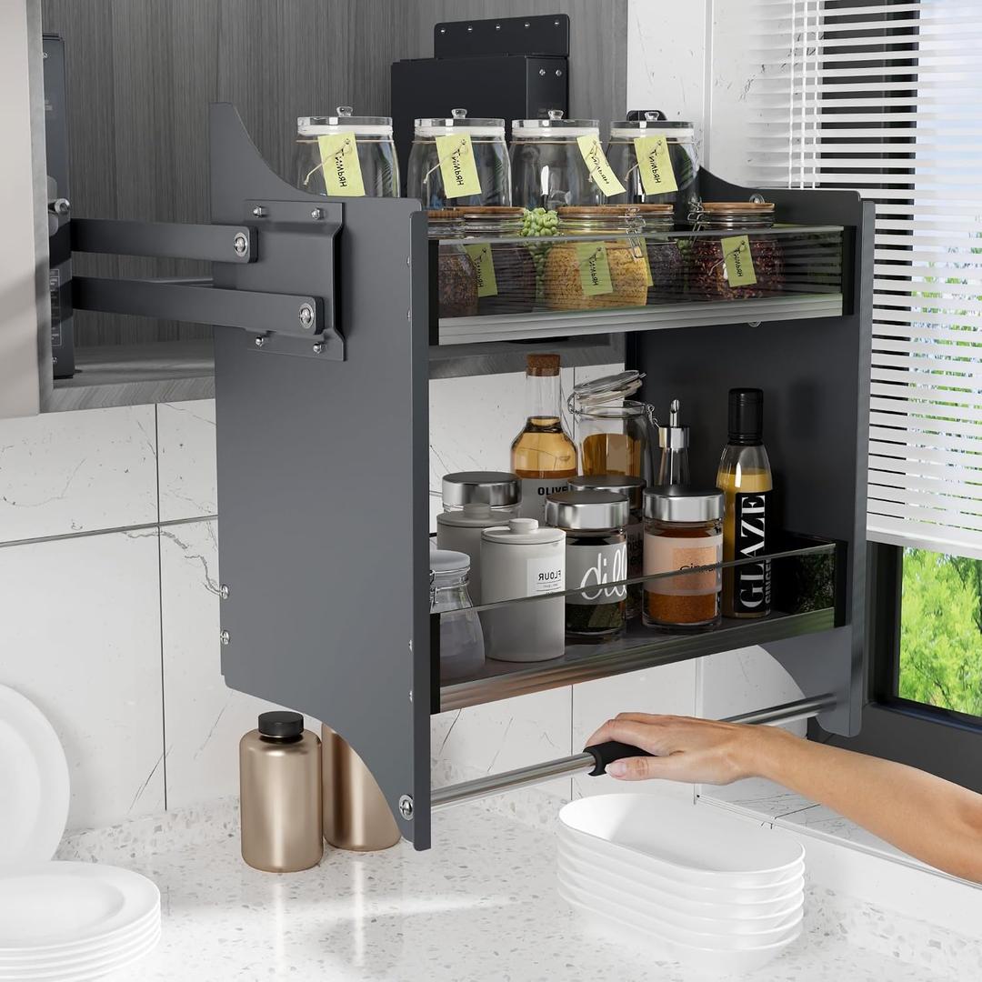 Pull Down Shelf for Kitchen Upper Cabinet,Heavy Duty Pull Down Cabinet Organizer, 2 Tier Upper Cabinet Pull Down Shelf Kitchen Cabinet Pull Down Spice Racks for Tall Kitchen, 22 inch Width, Grey, S -Cabinet Size