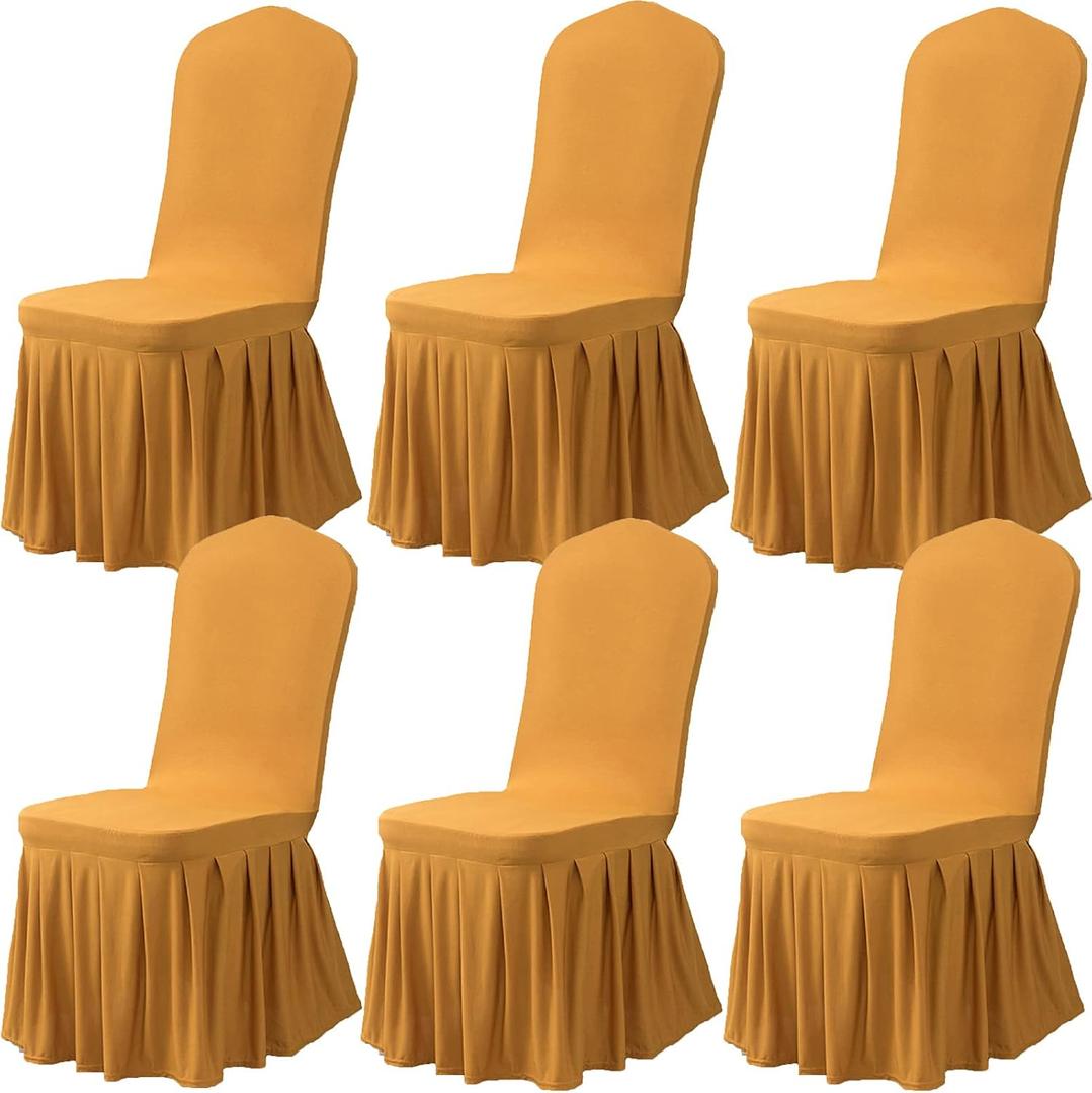 Dimatic Dining Room Chair Covers Set of 6, Stretch Parsons Slipcovers with Skirt Super Fit Spandex Chair Seat Protector Cover for Dining Room, Hotel, Ceremony (Gold)