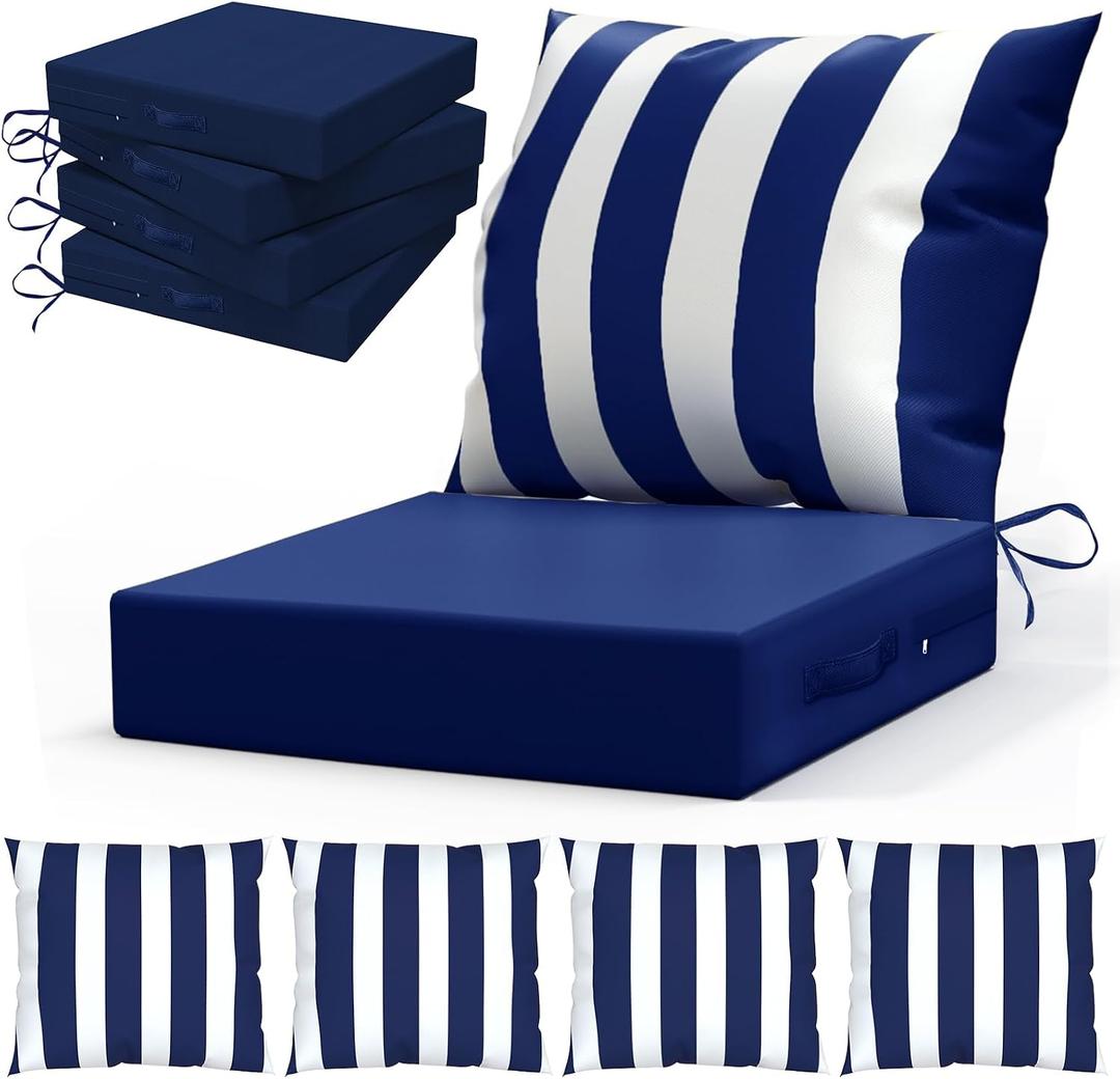 LAGRATY Outdoor Chair Cushions for Patio Furniture24" x 24" Deep Seat Cushions with Backrest for Couch Sofa Chair - Waterproof Fade-Resistant Patio Cushion (Set of 4,Navy Blue and White)