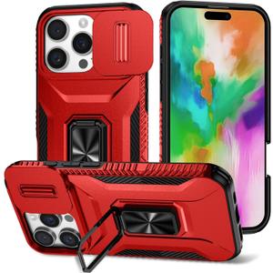 IPhone 16 Pro Case with Camera Cover & Kickstand, Military Grade Shockproof Red