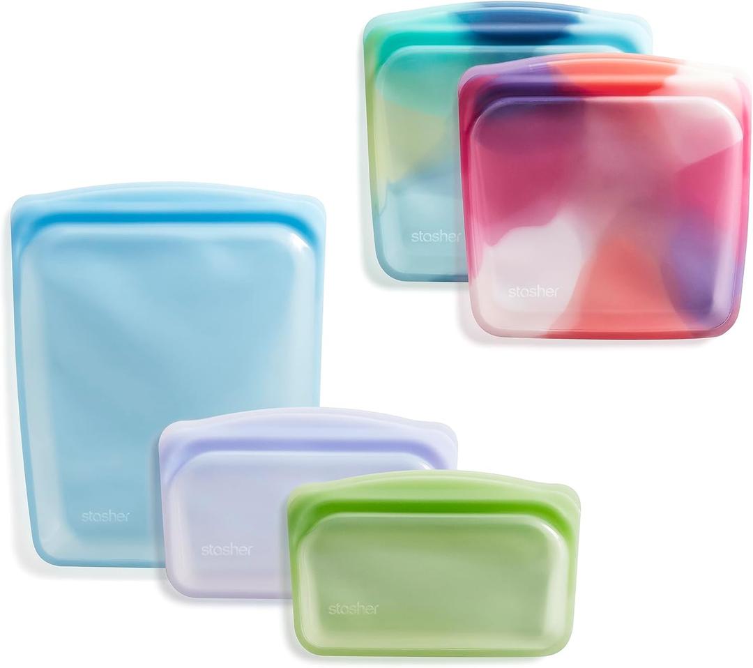 Stasher Silicone Reusable Food Storage Bags, 5-Pack, Reusable Freezer Bags, Microwave, Dishwasher, Oven Safe, Sous Vide, Premium Lunch Containers, Eco Friendly, Food-safe Silicone Snack Bag, Tie Dye | Reusable Food Bag
