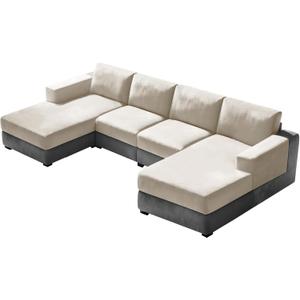 10 Pieces Sofa Cushion Covers for U-Shaped Modular Sectional Couch with 4 Seat+4 Back+2 Arms, Stretch Velvet Upholstered Covers for Sofa Bed with Deep Double Chaise (Beige,Universal (10 Pieces))