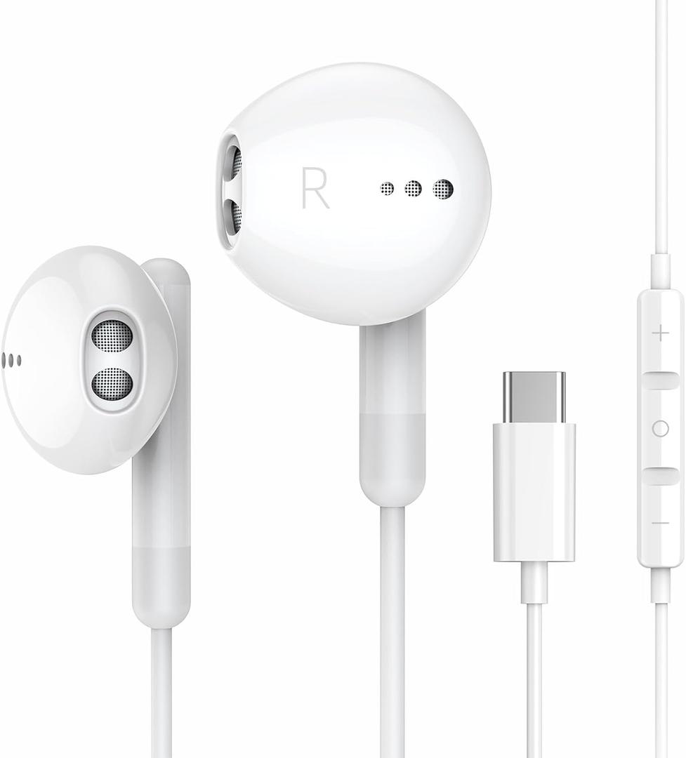 USB C Headphones for iPhone 17 16 15 Pro Max Plus iPad Pro USB C Earphones with Microphone Volume Control USB C Wired Earbuds USB Type C Earphone for Google Pixel 8 Samsung S25 S24 S23 S22 S21 S20 A55 (White)