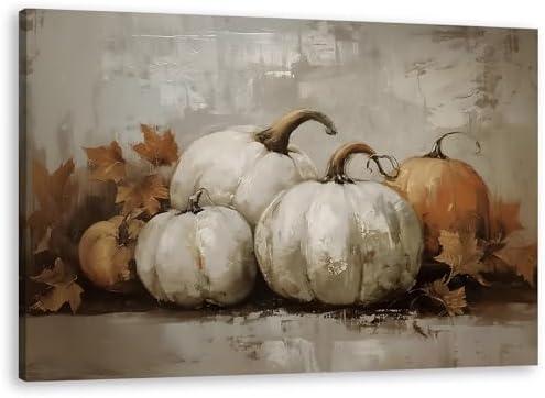 TLESKE Vintage Fall Pumpkins Canvas Wall Art Decor, Rustic Aesthetic Farmhouse Autumn Wall Art Prints for Living Room Bedroom Kitchen, Thanksgiving Decorations Wall Artwork Picture Framed, 16x24in
