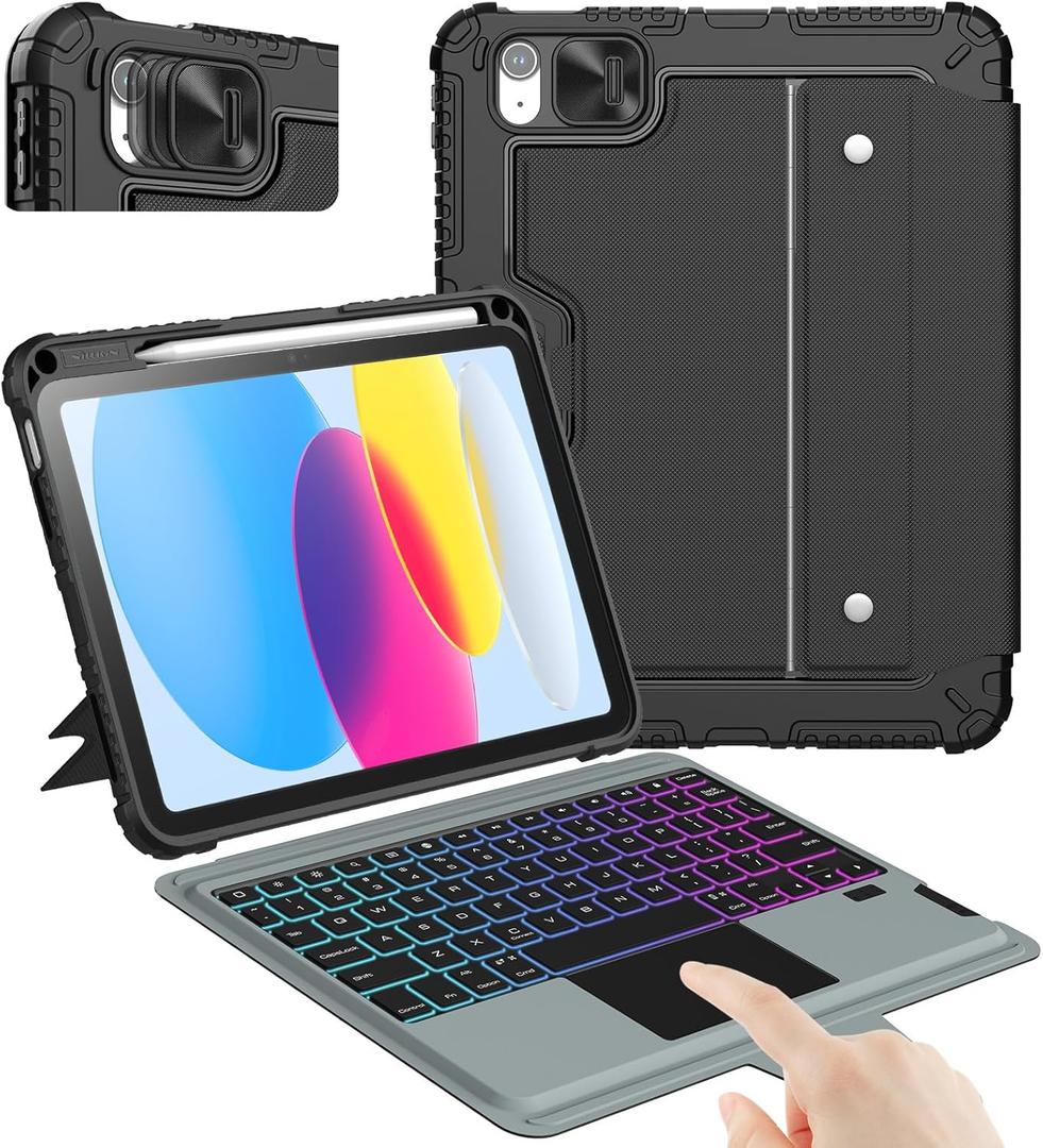 Nillkin iPad A16 (11th Gen) / 10th Gen Case with Detachable Keyboard, Magic Trackpad, 7-Color Backlit, Portrait/Landscape Modes, Rugged Keyboard Case for iPad 11th / 10th Generation (2025/2022), Black