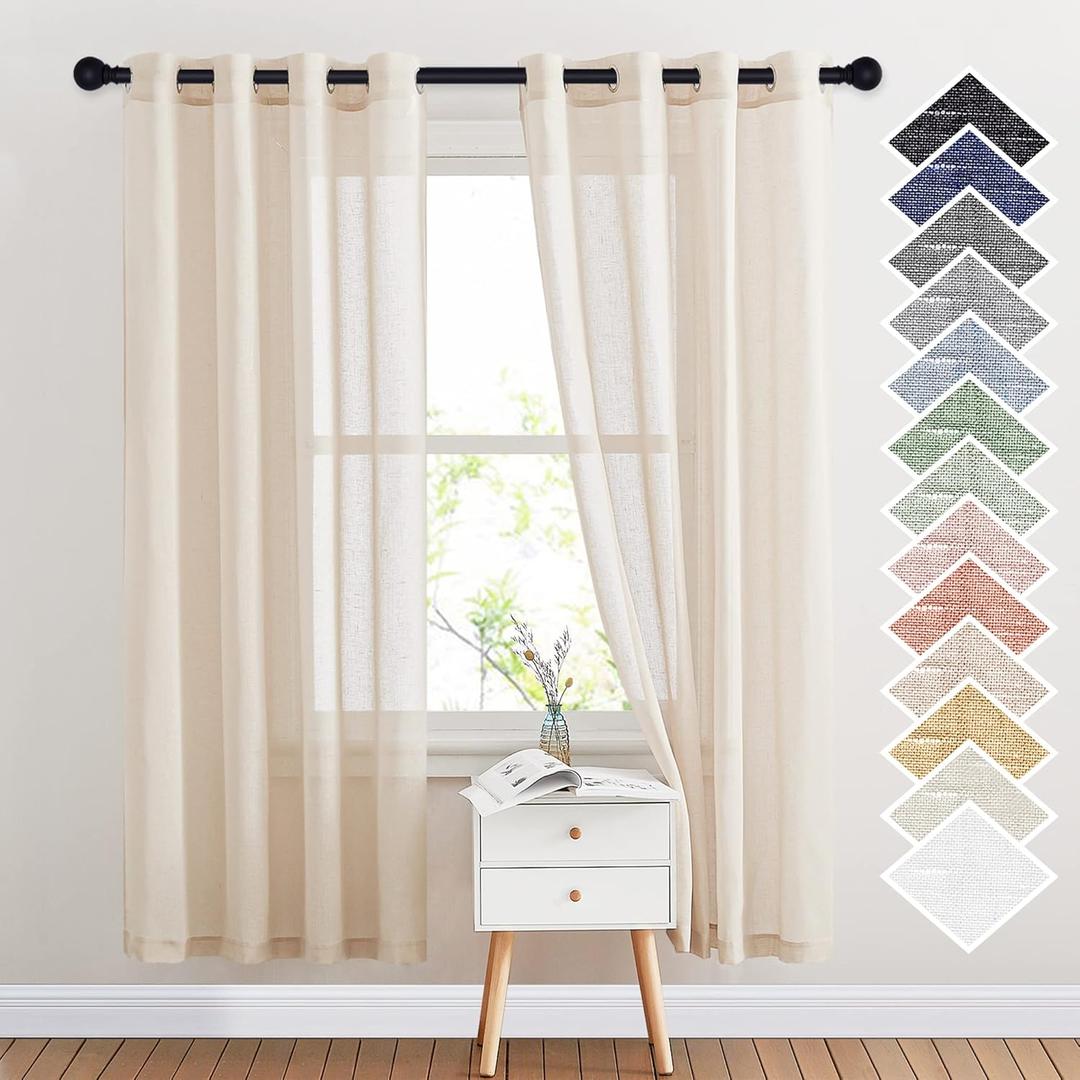 NICETOWN Natural Open Linen Weave Flax Sheer Window Curtains, Ring Top Translucent Textured Drapes Privacy with Light Through for Bedroom/Living Room, Beige, 52" Wide by 72" Long, 2 Pieces