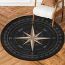 Compass Rose Round Area Rug 5Ft Artwork Black Non-Slip Circle Rugs Soft Washable Carpet Floor Mat for Bedroom Living Room Indoor Outdoor Nursery