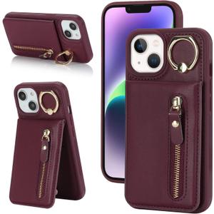 for iPhone 13 Case with Card Holder for Women,for iPhone 13 Phone Case Wallet with Credit Card with Ring Kickstand Zipper Shockproof Slim Stand Case for Apple13 - Red Wine (B+Red Wine)