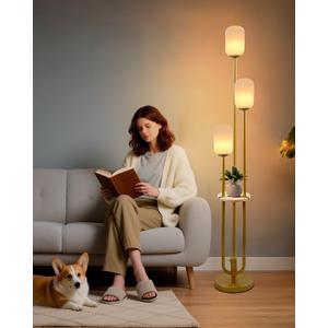 Lightdot Gold Dimmable Floor Lamp with Shelf Modern Floor Lamps with Oval Striped Lampshade 3000K Bulb Included 3-Lights Candle Holder Style Tall Lamp for Living Room/Bedroom/Sofa Beside/Corner Decor