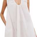 Womens Preppy Babydoll Tank Mini Dress Scoop Neck Short Sundress Loose Ruched U Neck Summer Party Dresses with Pocket White (White)