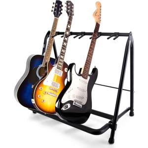 Pyle 5-Slot Multi Guitar Stand - Foldable Floor Guitar Rack for Acoustic, Electric, Bass Guitars, Heavy-Duty Metal Frame with Foam Padding, Secure Instrument Storage for Stage & Studio, 29"x19"x25"