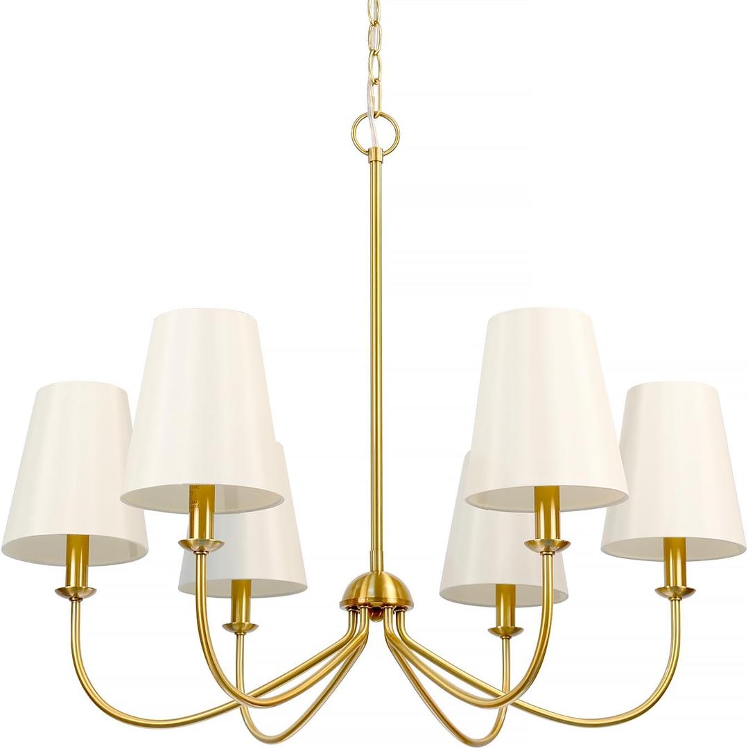 Gold Chandelier, Brushed Brass with Beige Fabric Shade, 6-Light 28" Modern Farmhouse Linear Pendant Lighting Fixture for Kitchen Island