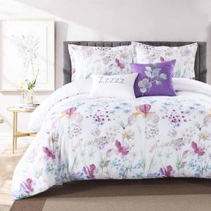 Nanko Queen Duvet Cover Set, White Purple Blue Floral & Green Leaf Print Pattern 3 Piece - Microfiber Bedding Comforter Quilt Cover Zip Closure, Tie - Modern Style for Men and Women, 90X90 inch FLower