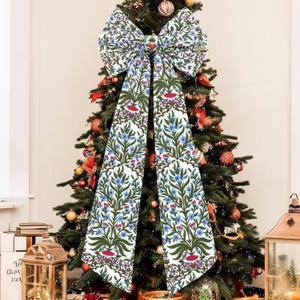 Large Christmas Tree Topper Bow 46"x15.7" Floral Block Print Xmas Tree Toppers Bows Christmas Wreath Decor for Home Indoor/Outdoor Holiday Decor(Red and Green)