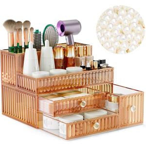 Makeup Organizer Golden- Tempered Glass Vanity Organizer for Cosmetics, Skincare, Hair Tools, Brushes, Perfume - Multipurpose Bathroom Counter Skincare Organizer, 
Product Dimensions : 11"D x 7.87"Wx 7.87"H