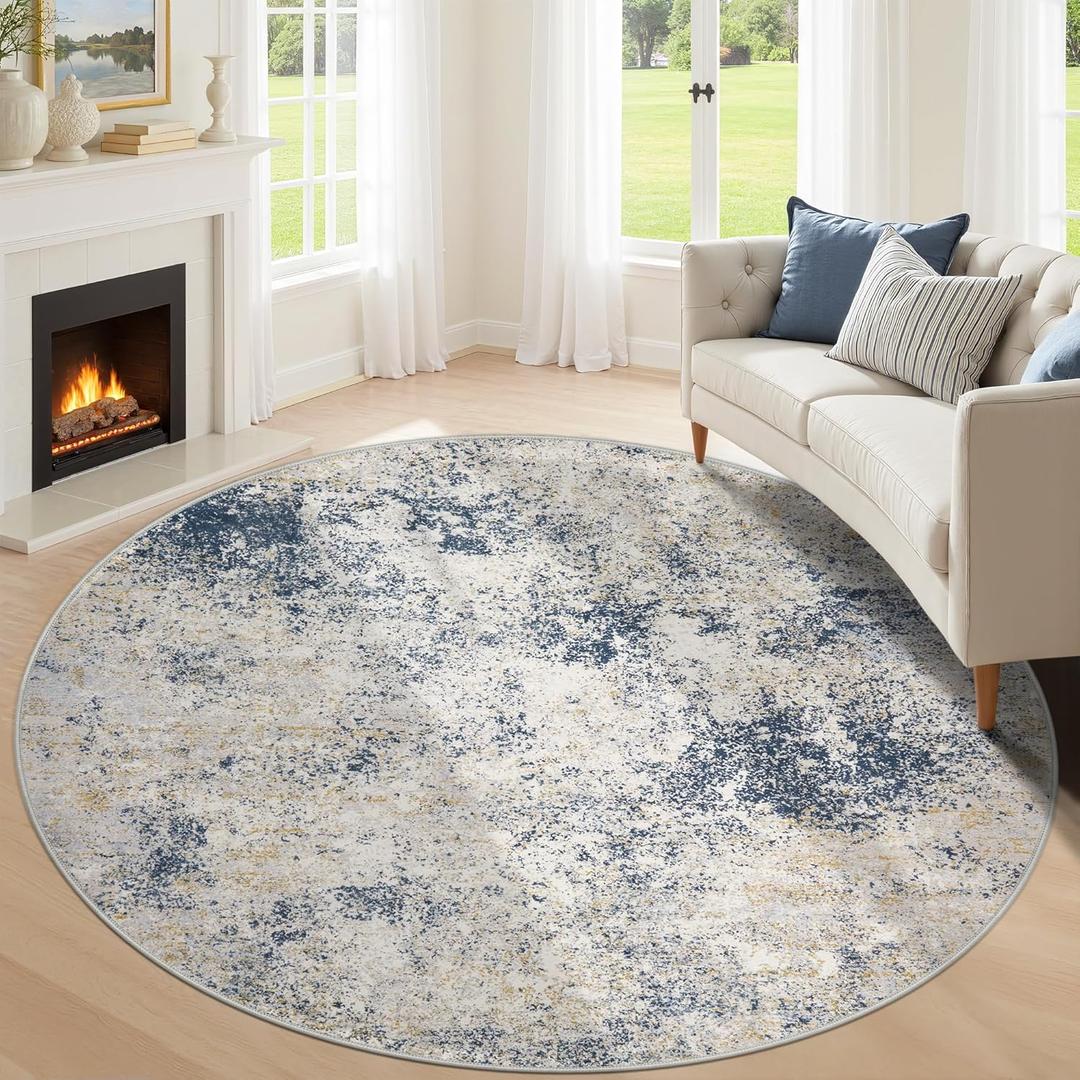8ft Washable Round Rug - 8x8 Area Rugs Modern Abstract Rugs for Living Room Non-Slip Low Pile Soft Machine Washable Carpet for Bedroom, Living Room, Dining Room, Nursery, Farmhouse (8'x8' Beige Blue)