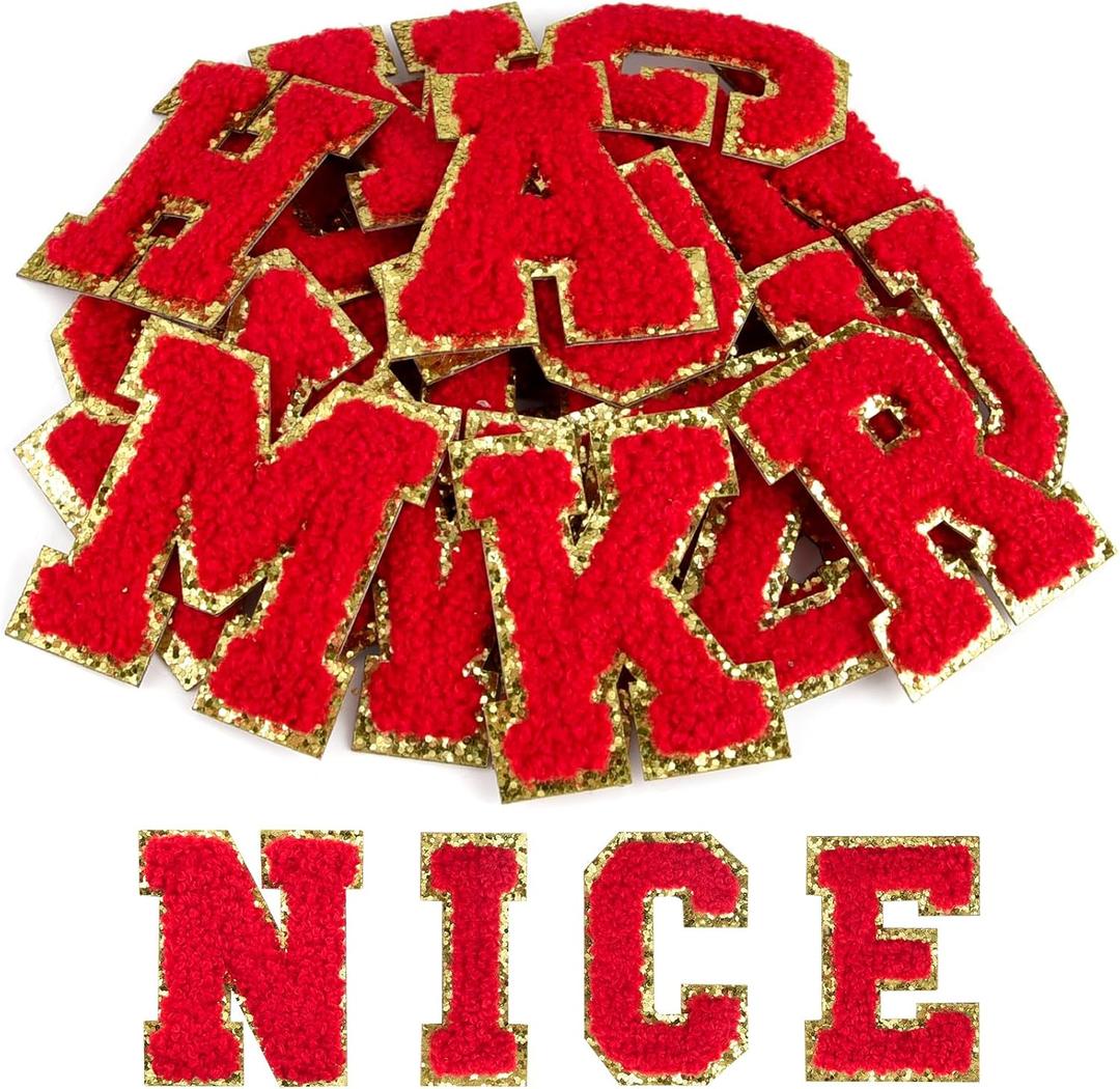 ASTARON 52 Pcs Self Adhesive Letter Patches Chenille Letters Stickers, A-Z Embroidered Applique Patches Alphabet Cloth Patch for Clothes, Bags, Hat, Phone Case, DIY Accessories (Red)