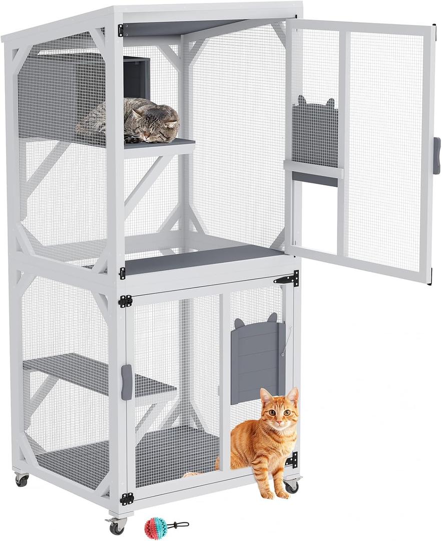 Catio Outdoor Cat Enclosure, Cat Condo for Patio, Wooden Movable Cats Cage with 4 Wheels, Outside Cats House Weatherproof, Cats Condo Outdoor with 3 Platforms