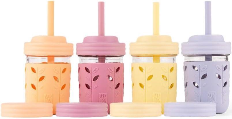Elk and Friends Kids + Toddler Glass Cups | The Original 8oz Glass Mason Jar with Sleeves + Lids | Silicone Straws + Stopper | Smoothie Cup | Food Storage | Spill Resistant | Dishwasher Safe | 4 Pack (Blush/Lilac/Peach/Lemon)
