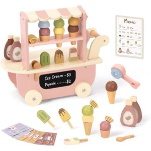 OOOK Wooden Ice Cream Cart for Kids, Ice Cream Truck Toy with Scooper & Wheels, Play Kitchen Accessories for Pretend Play with Menu & Pretend Money, Imaginative Preschool Toys for Girls & Boys 3+