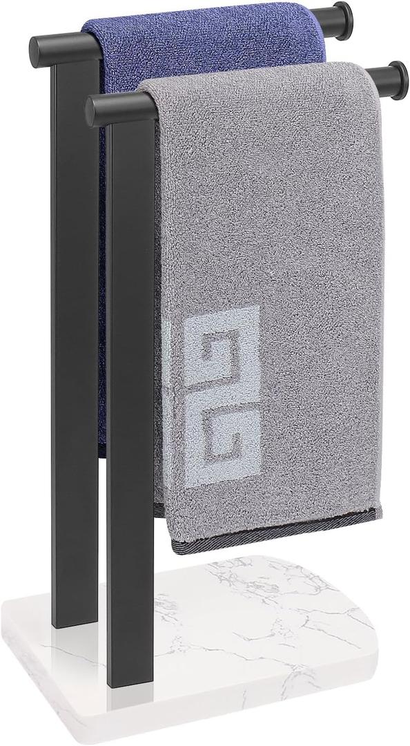 NearMoon Hand Towel Holder with Balanced Marble Base, SUS304 Stainless Steel Stand Towel Ring L Shape Hand Towel Rack Free-Standing Towel Bar for Bathroom Kitchen Countertop (Double Rod, Matte Black)