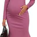 2025 Fall Maternity Dress Faux Two-Piece Long Sleeve Square Neck Mermaid Bodycon Pregnancy Dresses Casual Baby Shower (Pink, S)