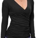 Long Sleeve Wrap Tops for Women, Ruched V Neck Wrap Top Slim Fit Business Casual Shirt Fall Outfits Black (S)