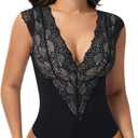 SHAPERIN Sexy Lace Bodysuit for Women Tummy Control Thong Shapewear Deep V Neck Body Suits Corset Tops Going Out Tank Top, L