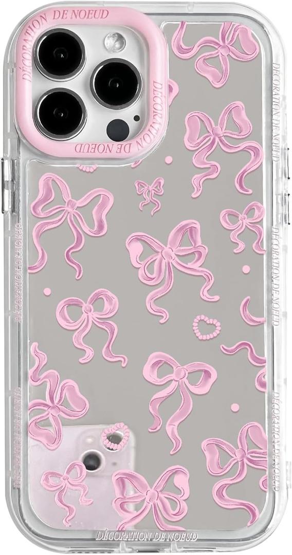 NITITOP Compatible with iPhone 13 Pro Case Cute Mirror Bow Love Heart Pattern for Women Girls Ribbon Design Shockproof Silver Protective Phone Cover - Pink Bow