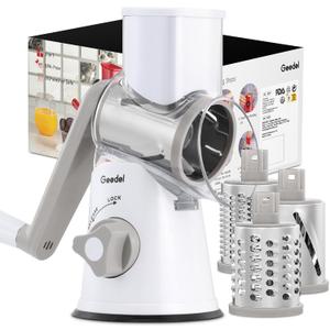 Geedel Rotary Cheese Grater, Kitchen Mandoline Vegetable Slicer with 3 Interchangeable Blades, Easy to Clean Rotary Grater Slicer for Fruit, Vegetables, Nuts (White)