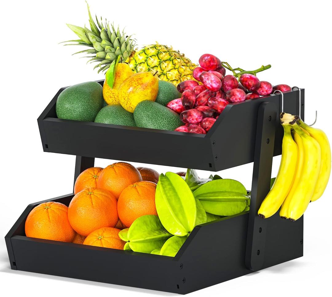 Gmtsl Bamboo Fruit Basket for Kitchen 2 Tier Fruit Bowl For Kitchen Counter, Large Fruit Holder With 2 Banana Hangers, Idea For Fruit and Vegetable Storage, Bread Basket, Snack Organizer(BLACK)