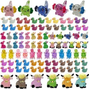 86pcs Mini Resin Animal Figurines,Including Glitter Glowing Duck Bunny Turtle Highland Cow, Glitter Axolotl, Aquarium Dollhouse Decor