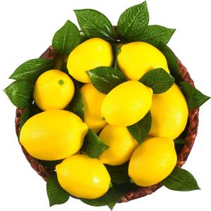 24 Pack Fake Lemons Artificial Fruits with 24 Pack Leaves Faux Yellow Lifelike Simulation Lemons Decor Realistic Fruits for Home Kitchen Table Cabinet Holiday Party Photography Props