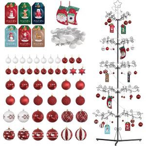 Riciakik 75 Metal Christmas Tree, Christmas Ornament Display Stand Tree with Hooks, Freestanding Wrought Iron Christmas Tree with 100 LED Lights, 54 Balls, 2 Mini Stockings & 6 Xmas Cards