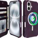 VANAVAGY Compatible for iPhone 16 Wallet Case for Magsafe Wireless Charging, PU Leather Flip Folio Wrist Strap [Screen Protector & Camera Lens Protector] with RFID Block Card Holder,Purple