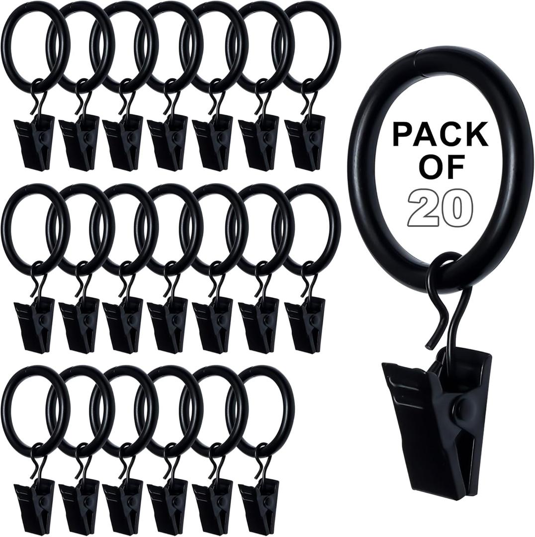 Black Curtain Rings with Clips 1 Inch Set of 20 Curtain Hooks for Drapes, Caps, Pictures - fits on Rod Diameter Upto 0.95Inch/24mm (Black, 1" Inch - 20 Pack)