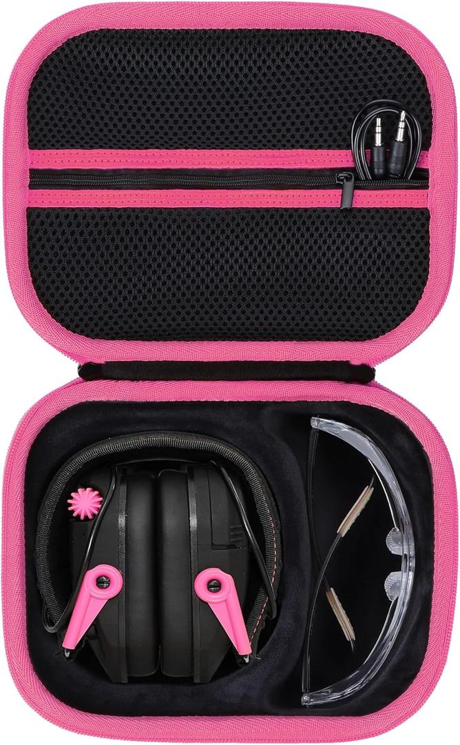 Storage Case Compatible with Walkers Razor Slim/Howard Leight Honeywell Impact Sport/PROHEAR 066 030 Electronic Shooting Earmuffs Hearing Protection Muffs (Black + Pink Case) (for Earmuff+ Glasses)