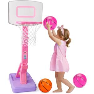 Toddler Pink Basketball Hoop Indoor Outdoor Age 1-3, Adjustable Kids Basketball Hoop with 3 Balls Backyard Outside Girls Basketball Goal Sport Toys for 1 2 3 4 Year Old Girl Birthday