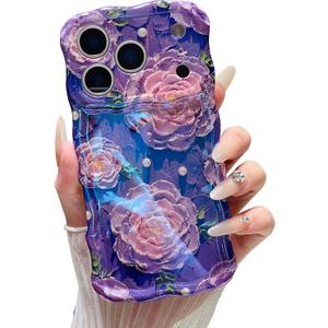 XIZYO Case for iPhone 17 Pro, Colorful Retro Oil Painting Flower Cute Floral Aesthetic Curly Wave Frame Laser Glossy Reflective Exquisite Stylish Protective Cover Women Girls-Peony Flower/Purple