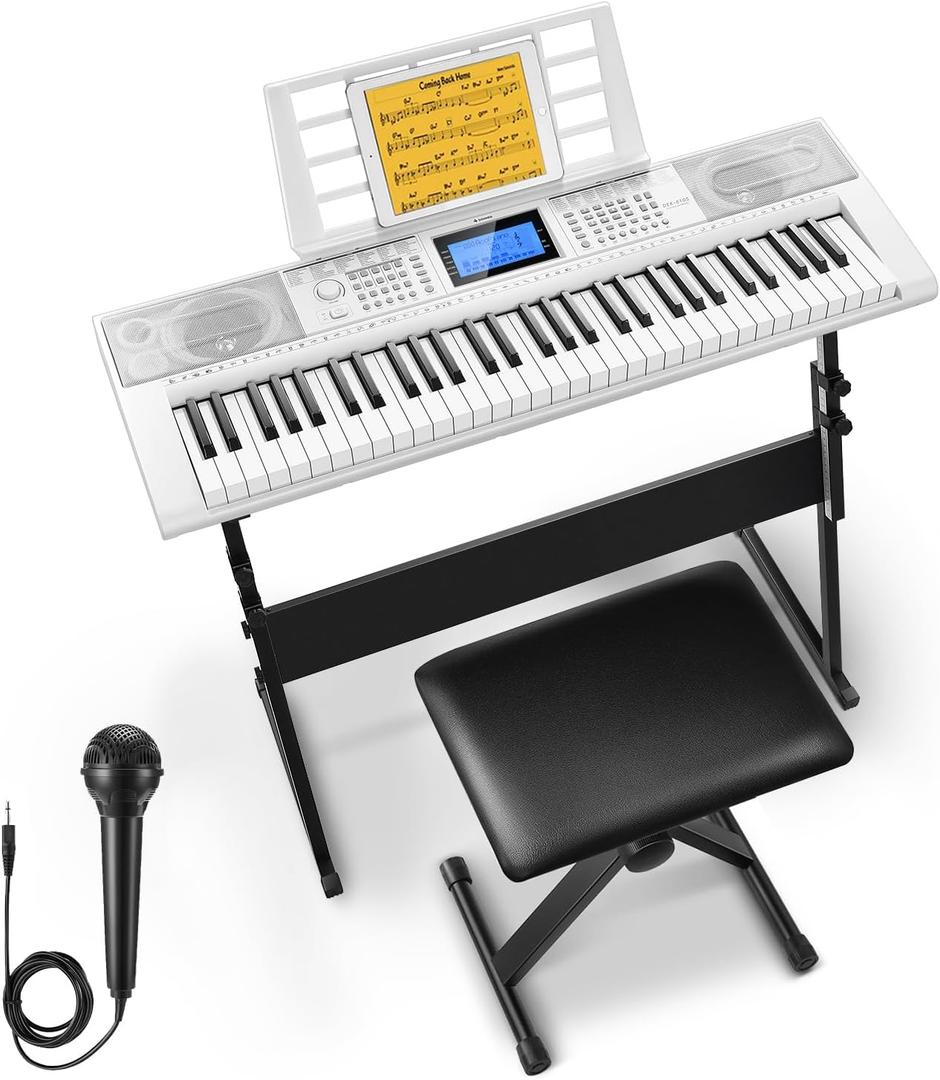 Donner 61 Key Keyboard Piano, Electric Piano Keyboard Kit with 249 Voices, 249 Rhythms - Includes Piano Stand, Stool, Microphone, Gift for Beginners, White (DEK-610S)