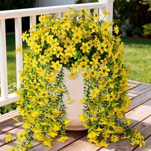Artificial Fake Hanging Flowers Plants for Outdoor Spring Summer Decoration,2 PCS Faux Silk Daisy with Eucalyptus Leaves,UV Resistant Look Real for Outside Home Planter Porch Patio Balcony Yard Decor (Yellow)