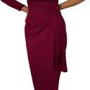 BTFBM Women Elegant Long Sleeve One Shoulder Cocktail Dress Bodycon Ruched Tie Waist Wrap Dress Solid Color Midi Party Dress (Small, Solid Wine Red)