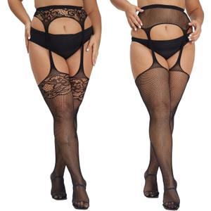 MANZI Plus Size Stockings Thigh High Fishnet Stockings Suspender Patterned Tights for Women (Pack of 2) (Black, S)