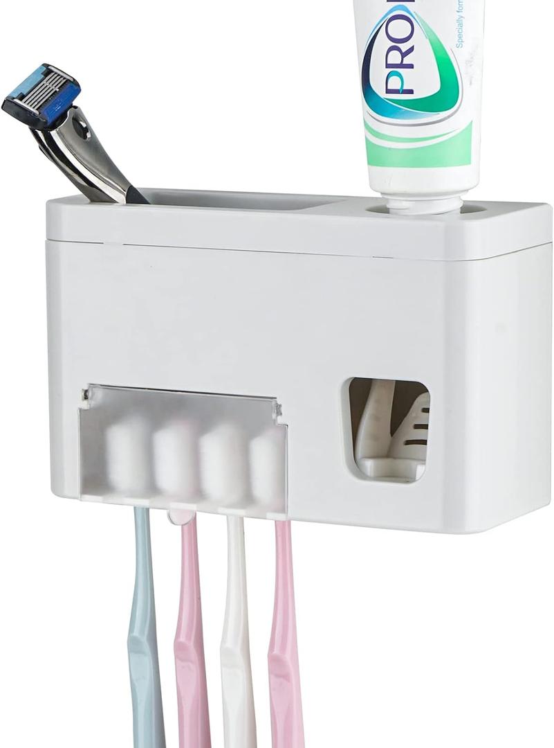 LUEXBOX Self Adhesive Toothbrush Holders Wall Mounted, Multifunction Toothpaste Stand with Covers, Automatic Toothpaste Dispenser for Bathroom, Toothbrush Hanger Rack for Dorm, Cabinet
