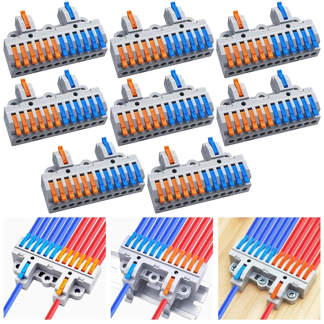 CESFONJER 2-in-12-out Terminal Block Kit (8 Sets), High Density Lever Wire Connectors, Dual Input to Twelve Output, DIN Rail & Screw Fix, for 28-12AWG Wire
