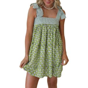Women Tie Shoulder Mini Dress Floral Ruffle Babydoll Dress Boho Square Neck Sundress Cute Summer Dresses (Large, Green)