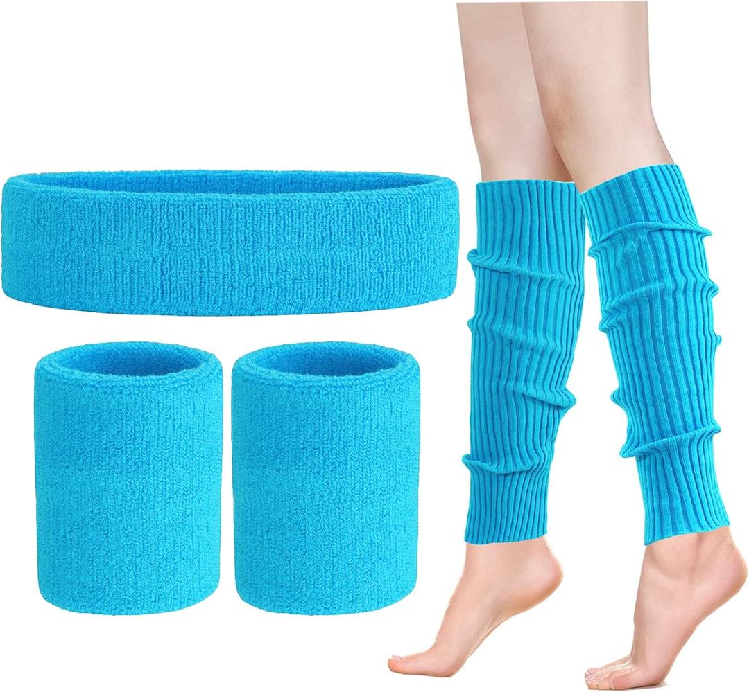 ONUPGO Leg Warmers for Women 80s Sport Headband Wristbands Neon Leg Warmers Set - 80s Workout Clothes 90s Outfit for Women, Neon Blue