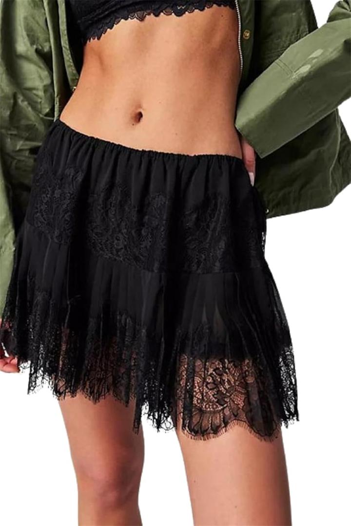 Women Y2k Lace Mini Skirt Fairy Mesh Floral Mid Low Rise Ruffle Half Slip Skirt Layered Flowy Short Skirt Streetwear (Black, S)