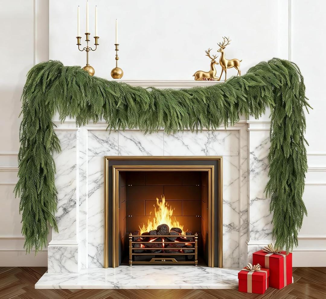 9FT Artificial Norfolk Pine Garland, Realistic Christmas Greenery Garland for Mantle, Staircase, Banister, Fireplace, Wall, Door, Table, Indoor & Outdoor Holiday Xmas Decortions