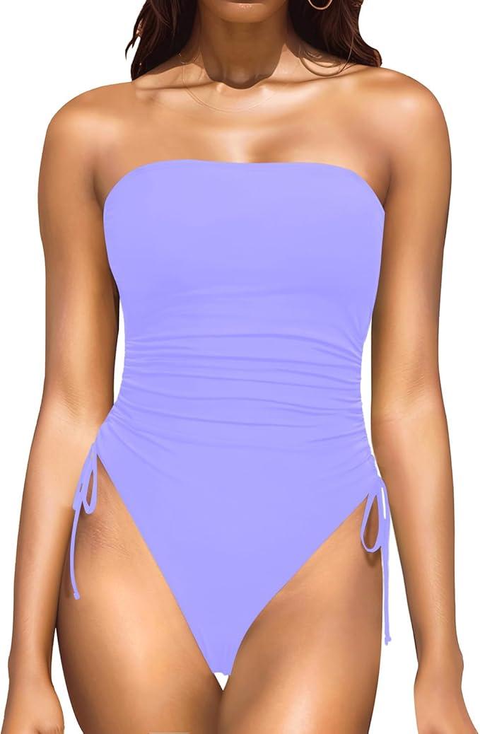 Yonique Women Strapless One Piece Swimsuit Tummy Control Bandeau Bathing Suit Cheeky Swimwear, Large 